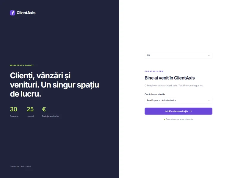 ClientAxis CRM — CRM pentru echipe: contacte, pipeline de vânzări, sarcini, oferte și rapoarte.