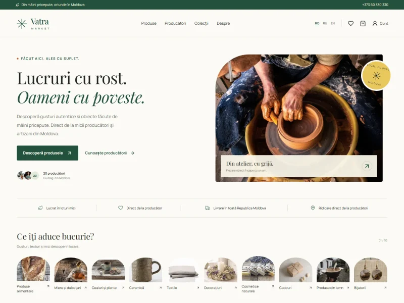 Vatra Market — Marketplace pentru producători locali: produse, stocuri, comenzi și panou pentru vânzători.