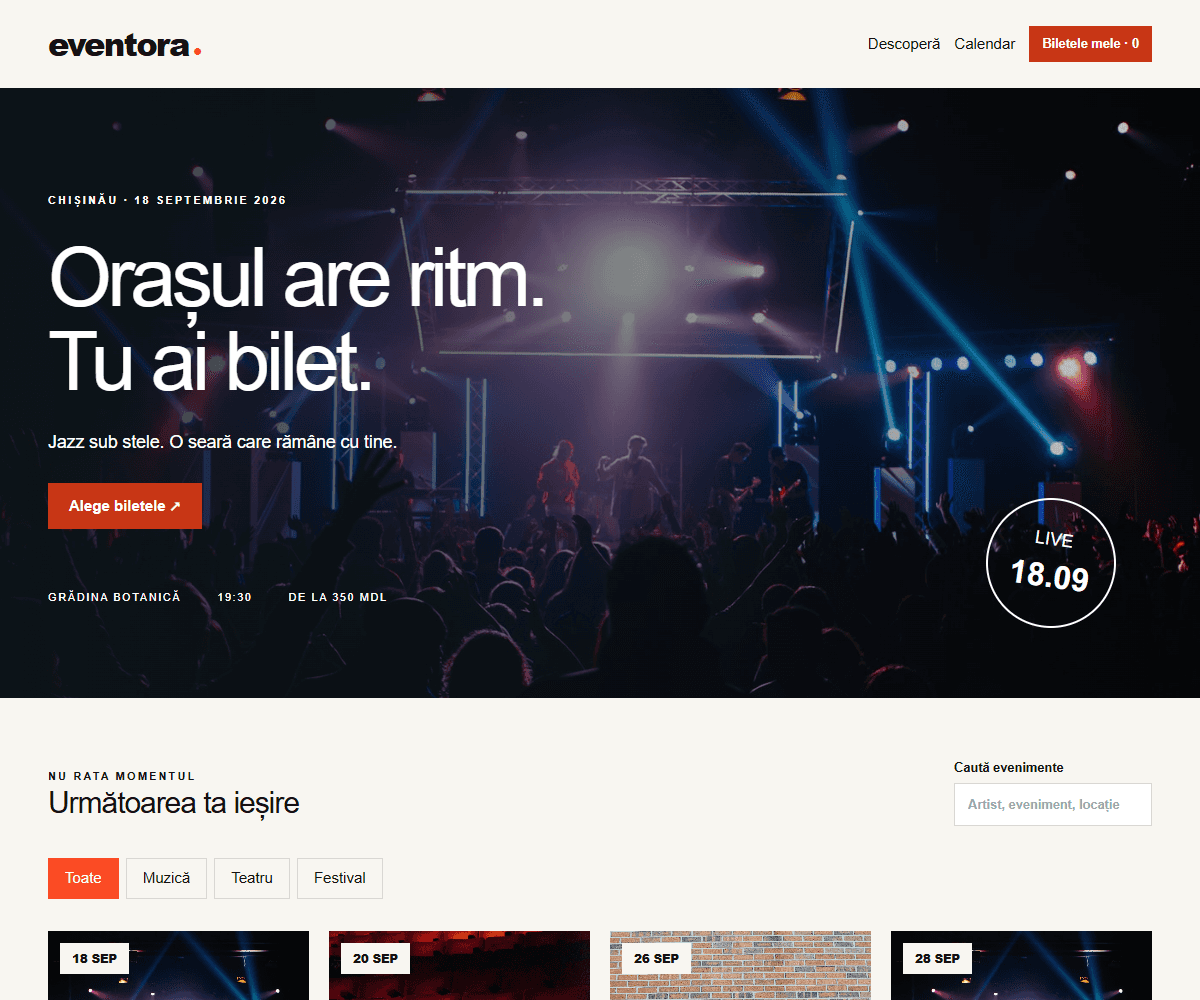 Captură EVENTORA — Afișe de concerte și catalog de bilete.