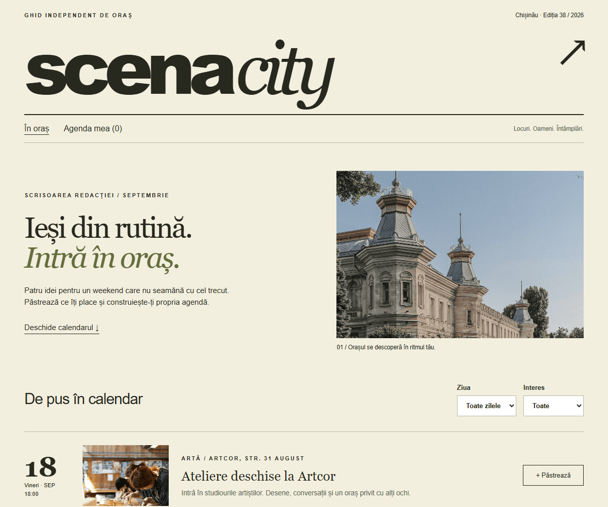 Captură SCENA CITY — Ghid cultural editorial cu agendă cronologică.