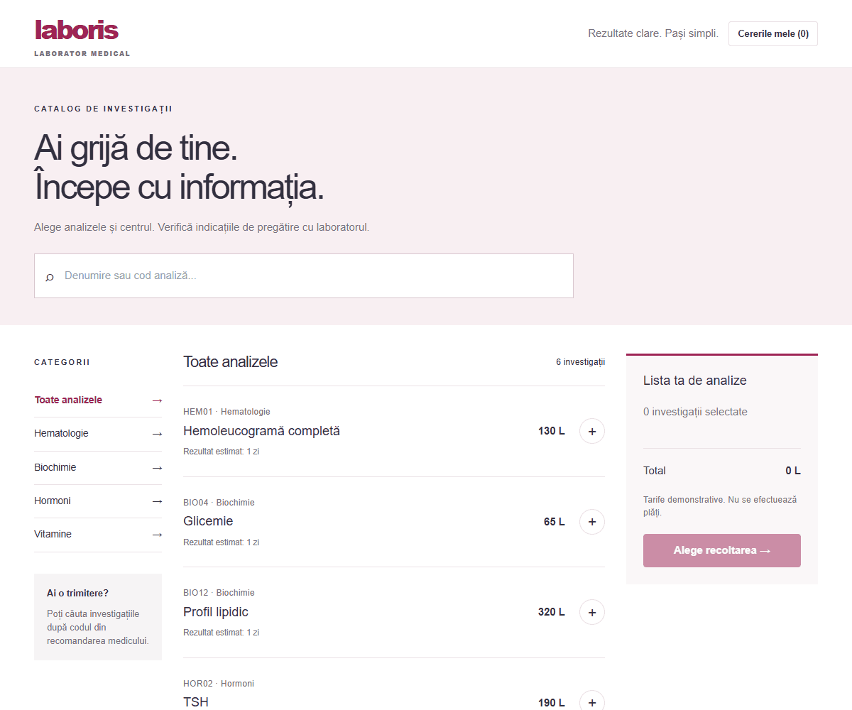 Captură LABORIS — Catalog de analize cu listă de recoltare.