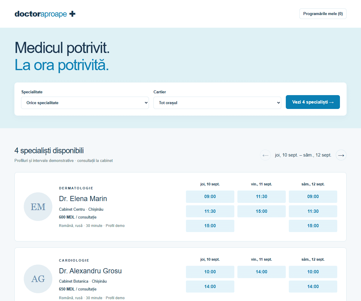 Captură DOCTOR APROAPE — Director de medici cu disponibilitate pe zile.