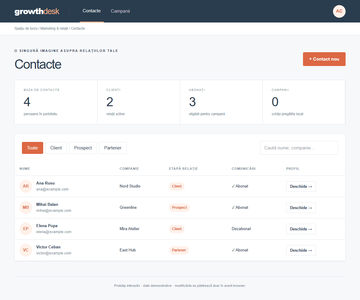Captură GROWTHDESK — Bază de contacte și segmentare pentru marketing.