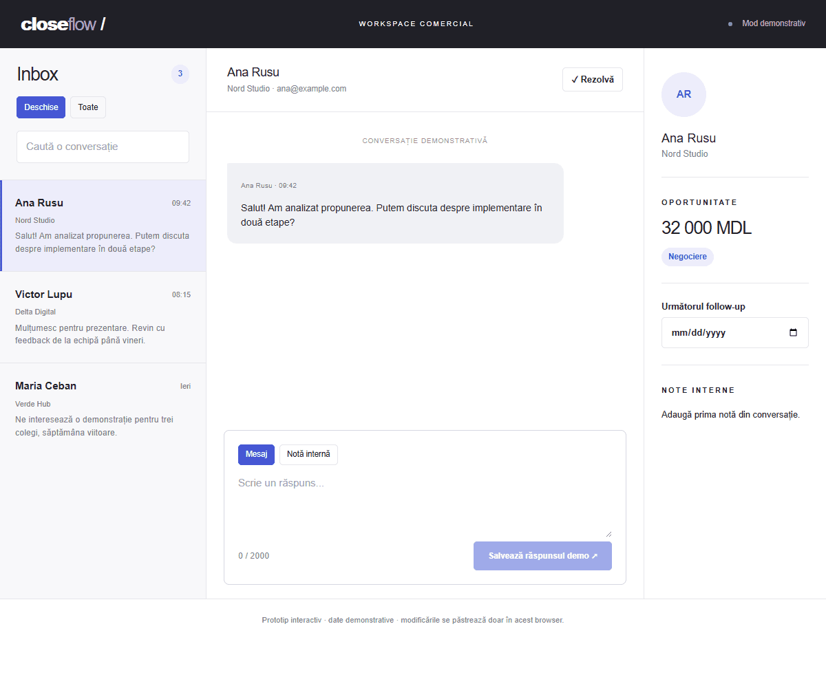Captură CLOSEFLOW — Inbox comercial cu conversații și fișe de contact.
