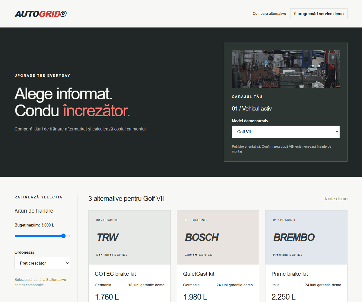 Captură AUTOGRID — Comparație de kituri aftermarket și service.