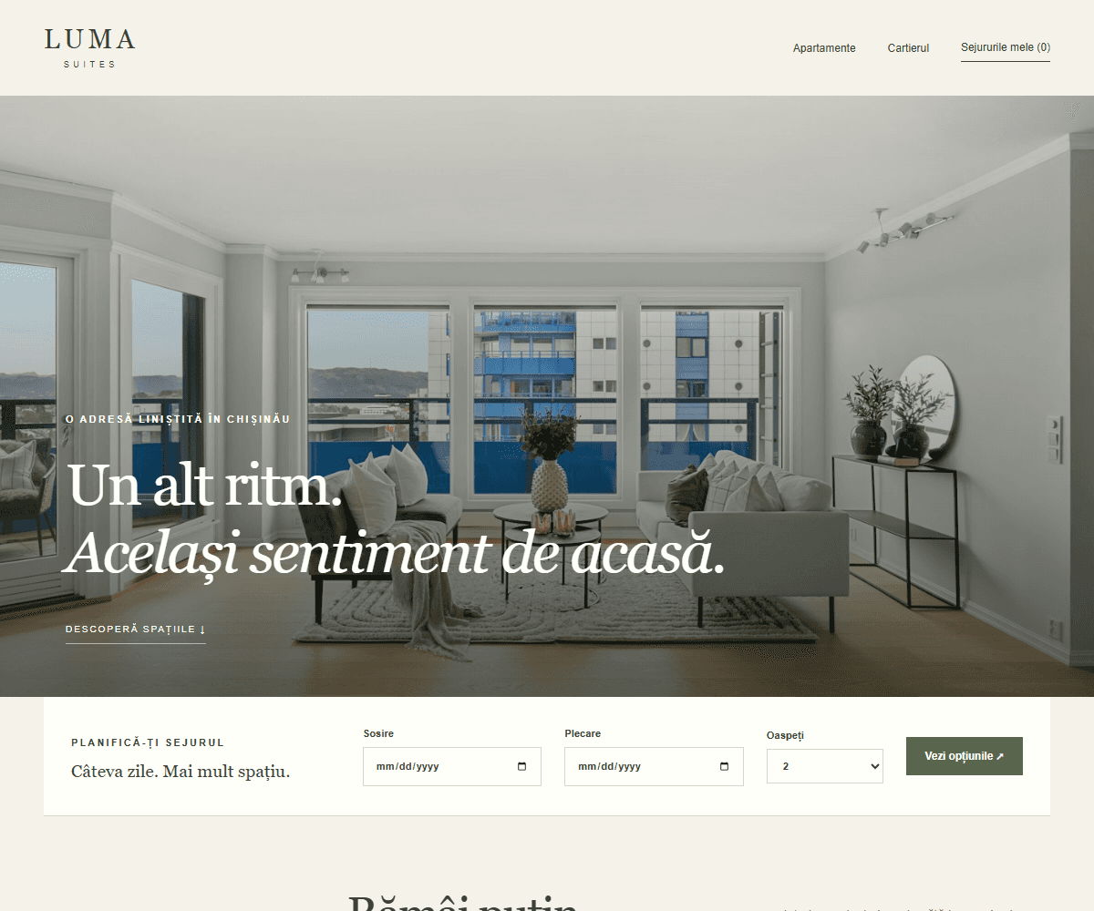 Captură LUMA SUITES — Prezentare arhitecturală de apartamente urbane.