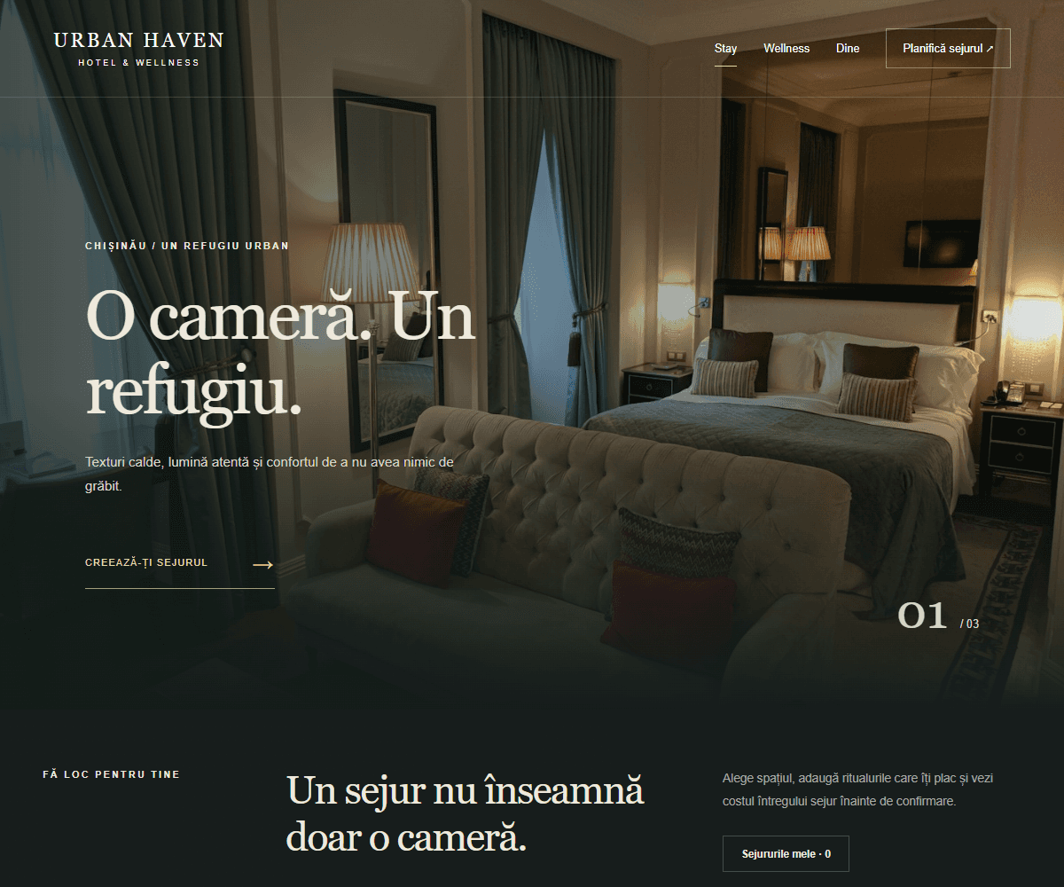 Captură URBAN HAVEN — Hotel cu experiențe de cazare, spa și restaurant.