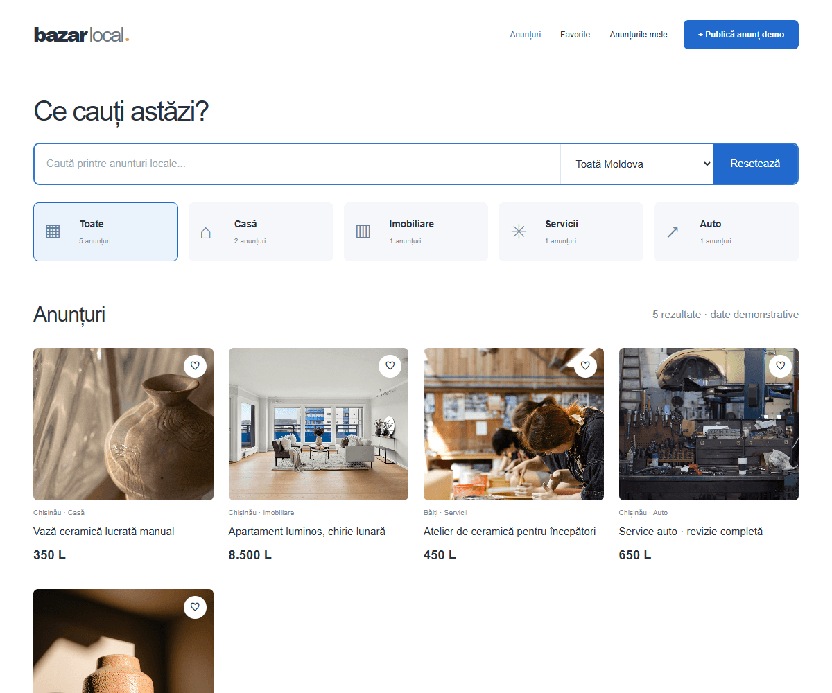 Captură BAZAR LOCAL — Anunțuri locale pe categorii și localități.