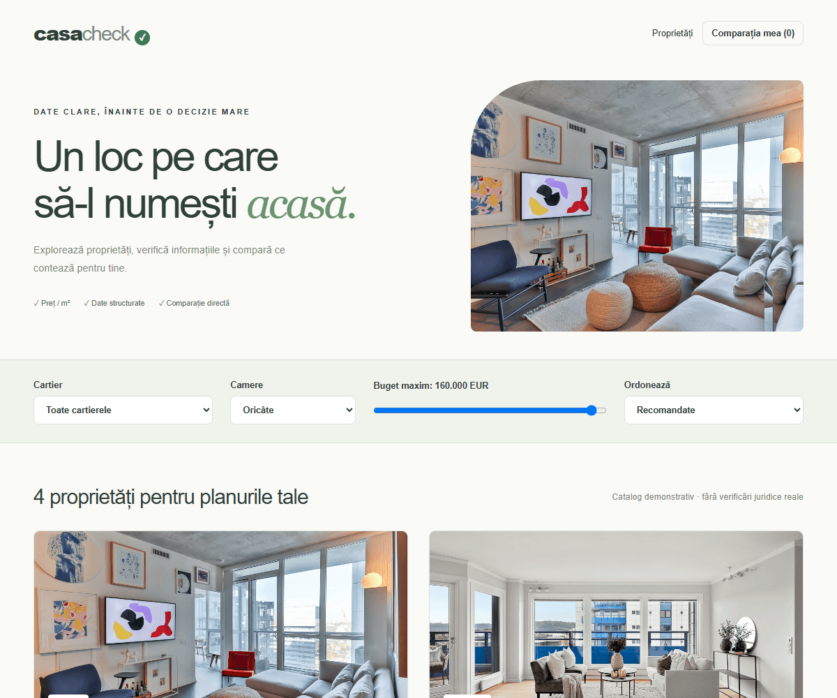 Captură CASACHECK — Catalog de proprietăți și dosare comparative.