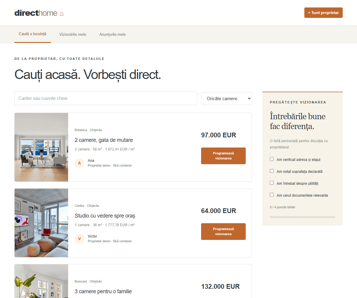 Captură DIRECTHOME — Locuințe direct de la proprietar și agendă.