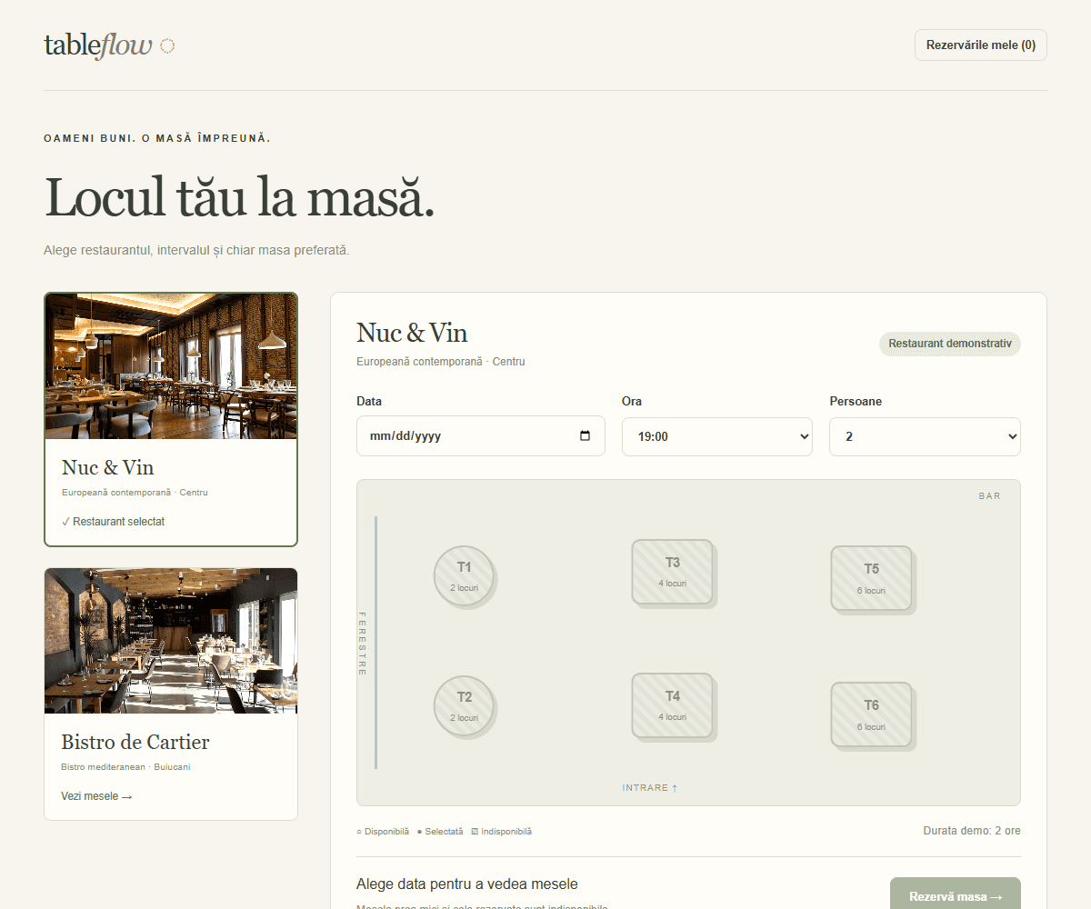 Captură TABLEFLOW — Restaurante și plan interactiv de sală.
