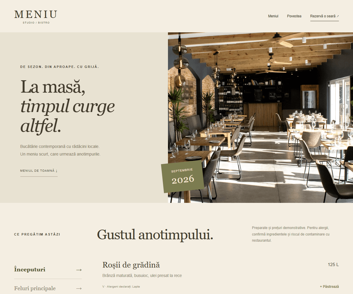 Captură MENU STUDIO — Bistro editorial și meniu sezonier.