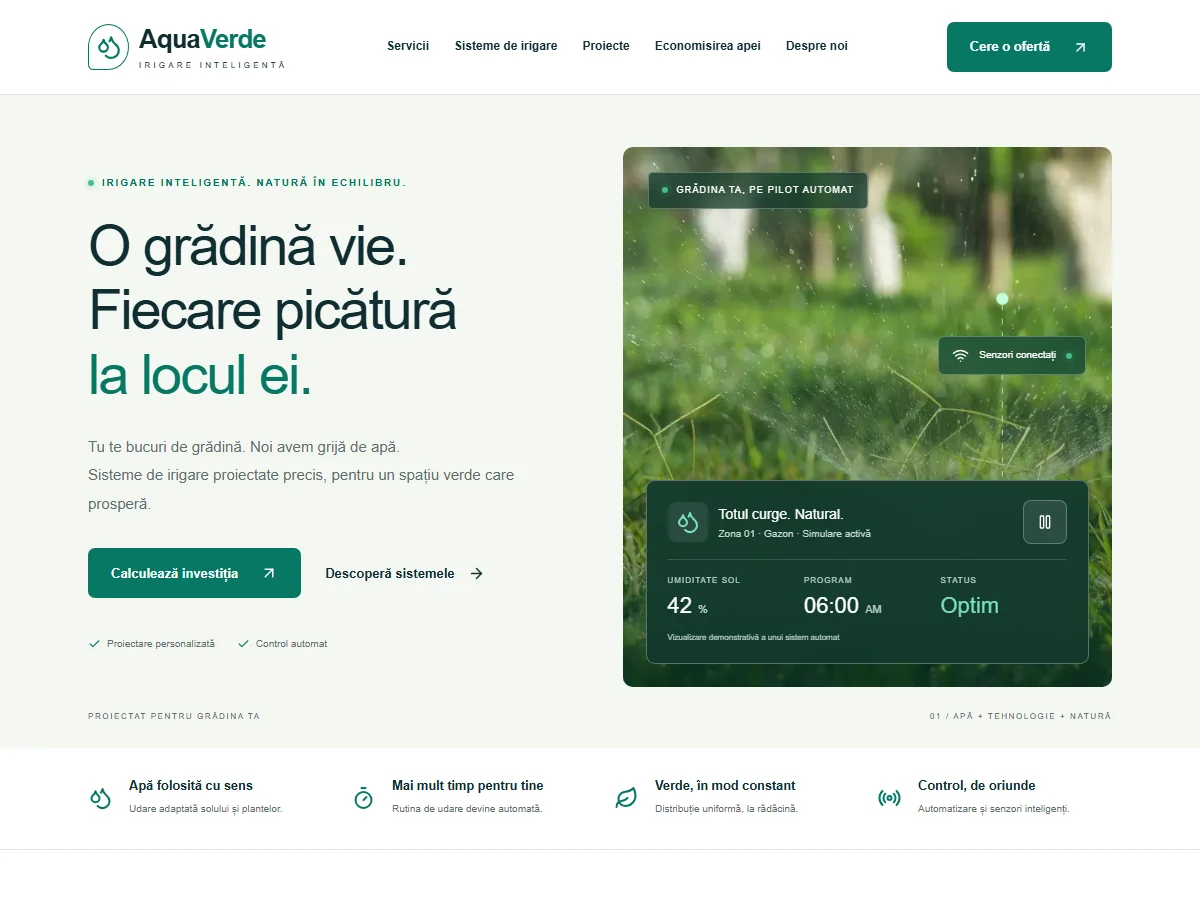 Captură AquaVerde — Sisteme inteligente de irigare, cu simulator și calculator de consum.