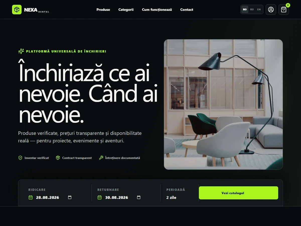 Captură AUDIO RENTAL MD — Platformă universală de închirieri cu inventar, disponibilitate, prețuri, depozite și managementul complet al rezervărilor