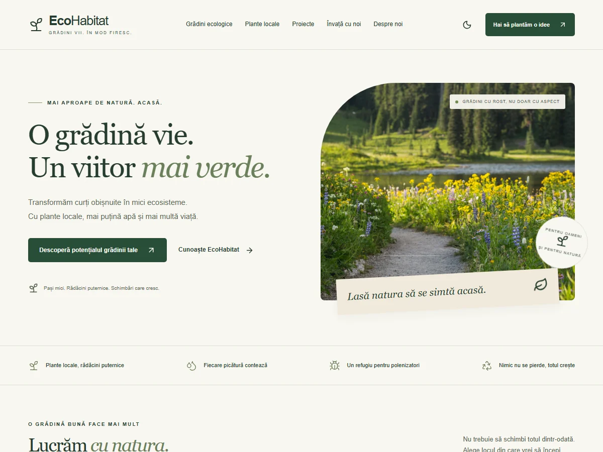 Captură EcoHabitat — Grădini ecologice și biodiversitate, cu plante locale și instrumente educaționale.