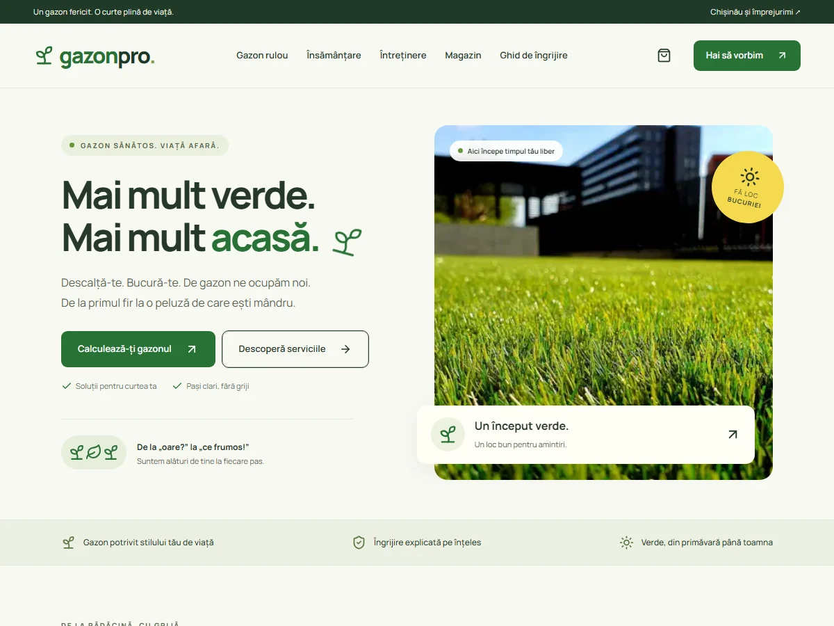 Captură GazonPro — Instalare și întreținere gazon, cu magazin demonstrativ și calculator de suprafață.