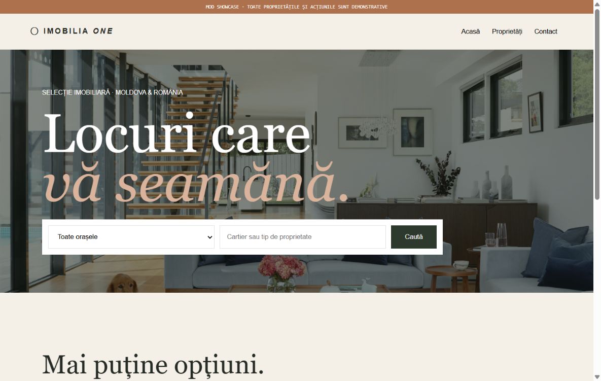Captură IMOBILIA ONE — Platformă imobiliară premium cu proprietăți, căutare avansată, cartiere, favorite, vizionări și administrare