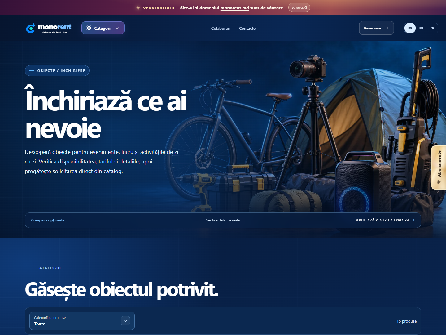MONORENT — Website pentru închirierea echipamentelor audio și generatoarelor, cu catalog, tarife și rezervări