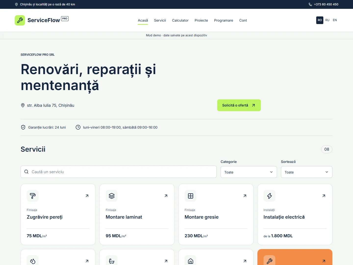 Captură ServiceFlow Pro — Renovări și mentenanță: estimări, cereri de ofertă, programări și urmărirea lucrărilor.