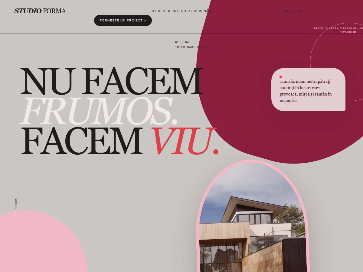 Captură STUDIO FORMA — Website expresiv pentru studio de design interior, cu proiecte, laborator cromatic și formular interactiv