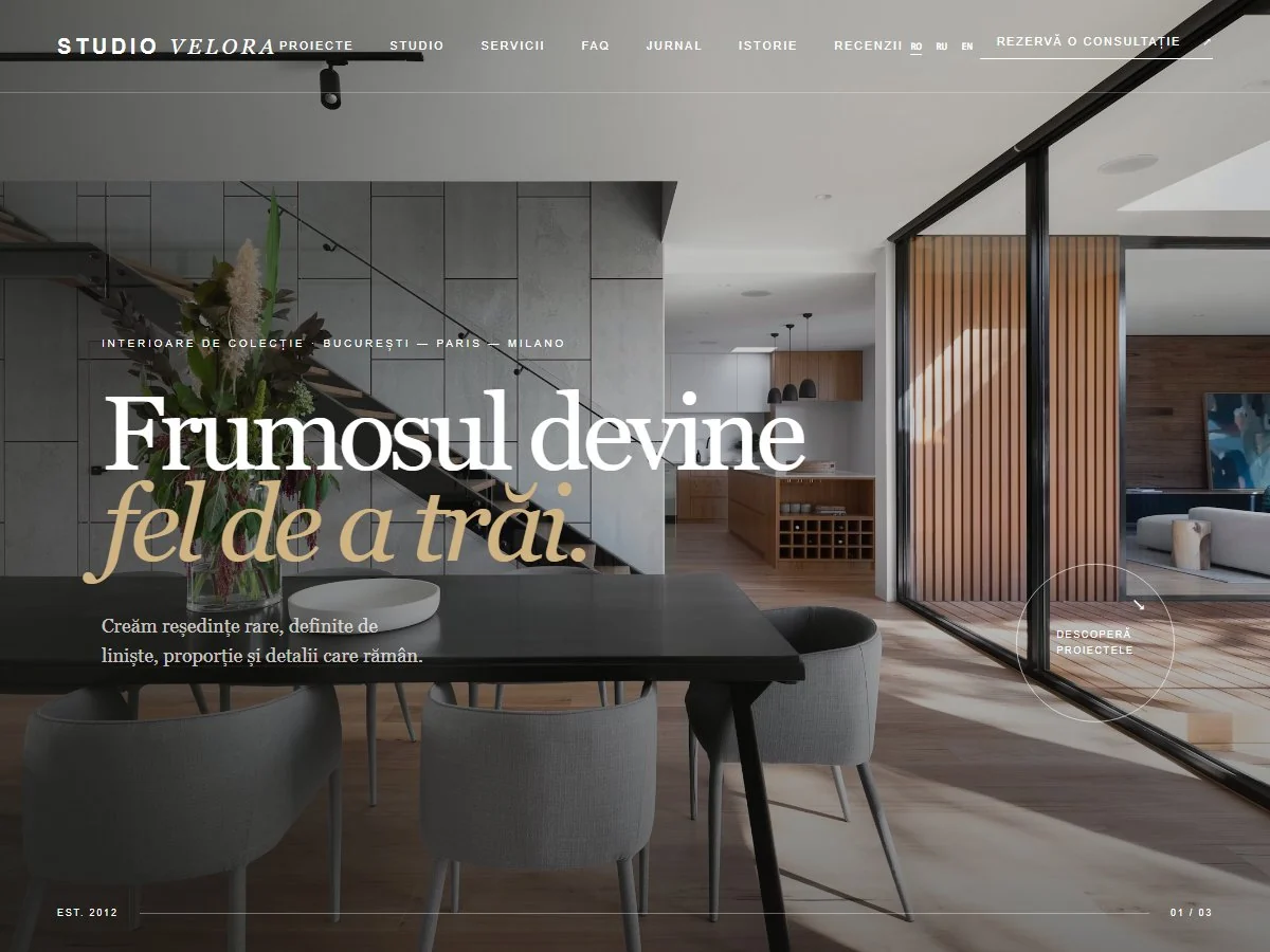 Captură STUDIO VELORA — Website luxury multipagină pentru arhitectură și design interior, cu proiecte, servicii și jurnal editorial