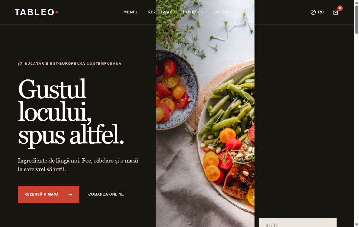 Captură TABLEO — Platformă premium pentru restaurant cu meniu digital, rezervări, comenzi online, checkout și mod operațional