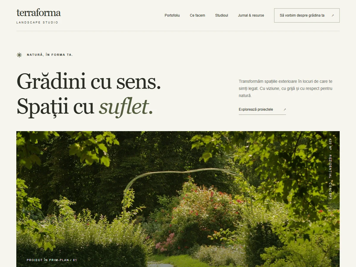 Captură TerraForma — Arhitectură peisagistică premium, portofoliu editorial și moodboard de grădină.